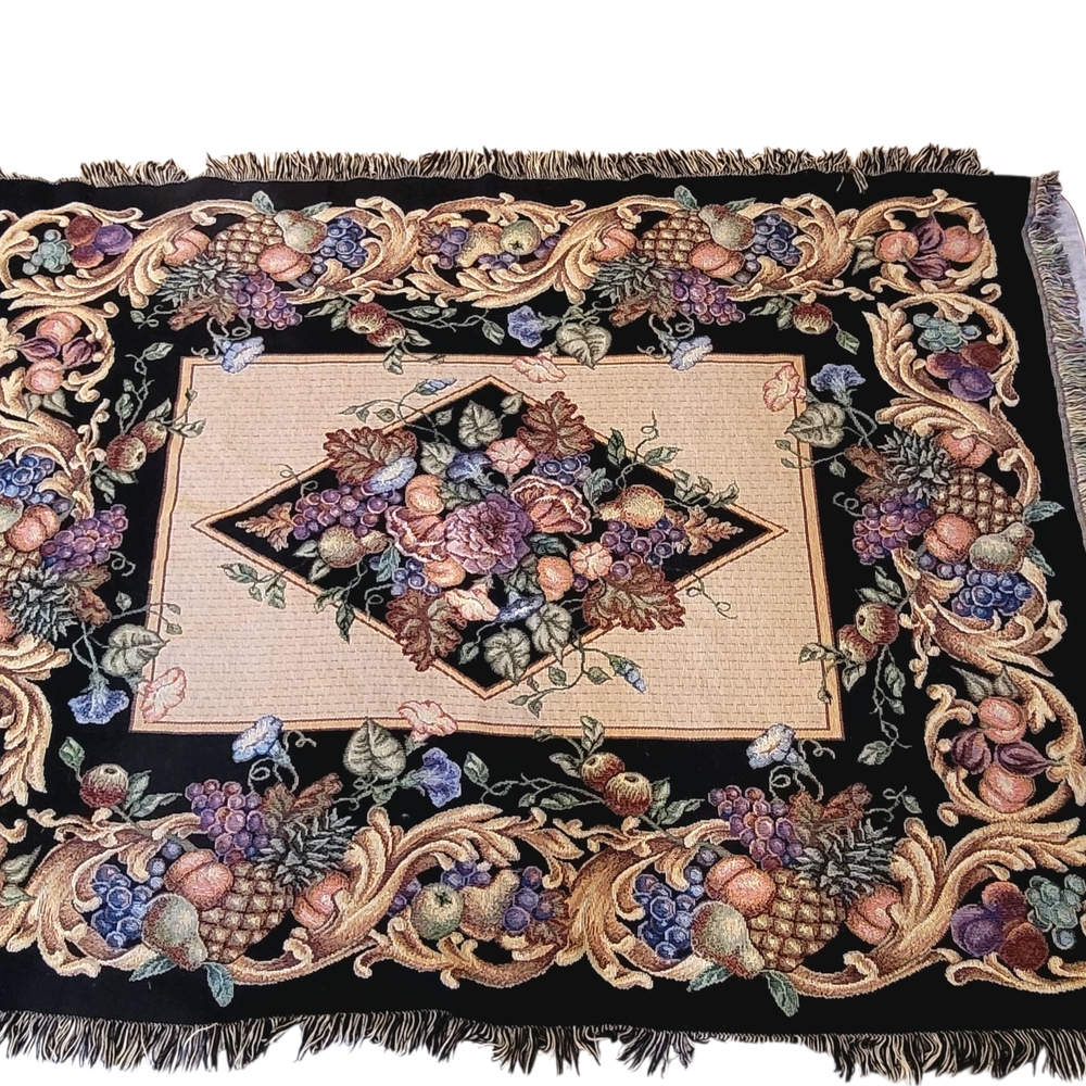 Vintage Tapestry Throw Blanket Fruit & Floral Woven Coverlet with Fringe 65x48"